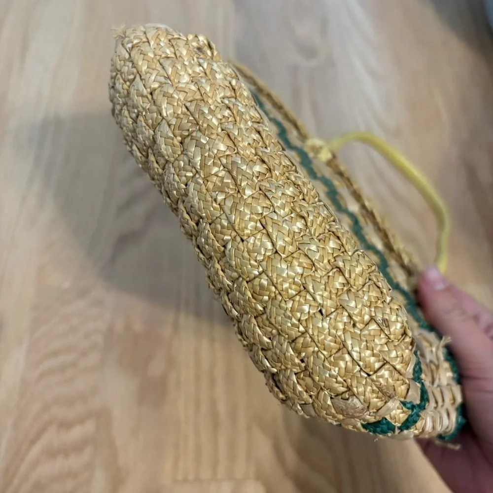 Small Vintage 1960s French Woven Golden Straw Child's Basket Red Flower Retro
